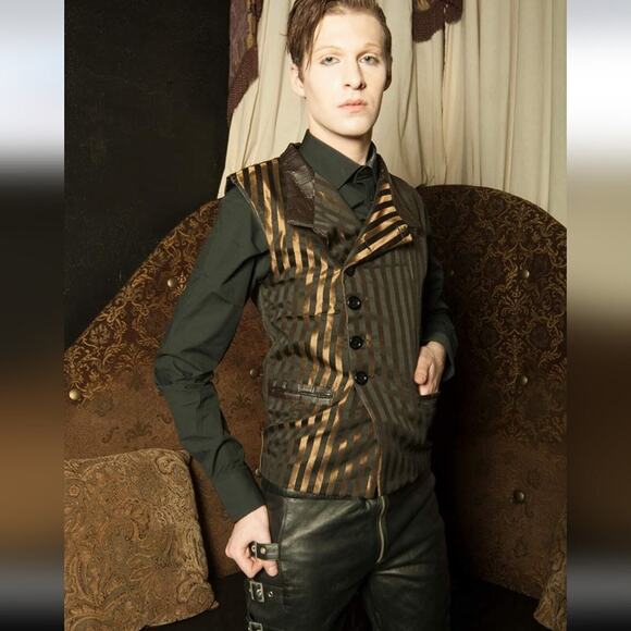 Hilary's Vanity Black Silver Striped Gothic Emo Vampire Metallic Leather Vest S - Picture 7 of 8